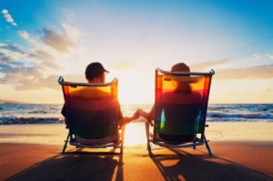 retired couple, beach, sunset