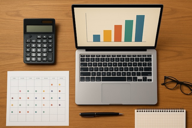 Overhead desk scene with laptop, calculator, and calendar arranged for planning steady IRA withdrawals over ten years.