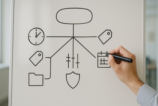 Whiteboard decision tree using icons for access, cost, control, simplicity, protection, and RMDs to guide how to choose a 401(k) rollover destination.