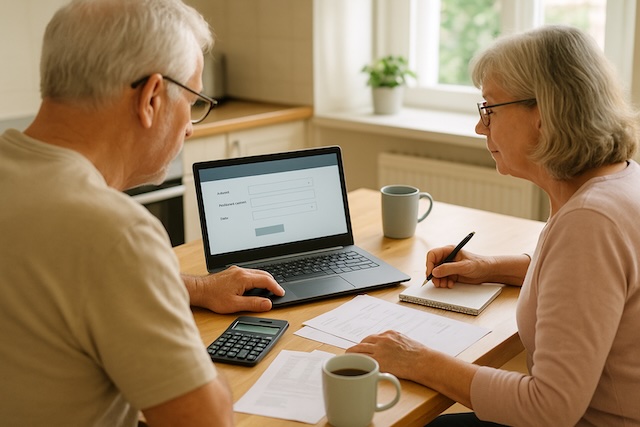 Over-the-shoulder view of a retired couple setting up an automated monthly transfer from investments to checking on a laptop at their kitchen table.