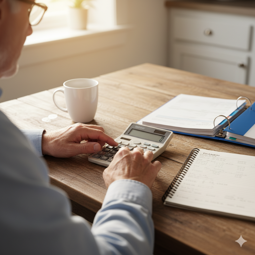 Retirees review a calculator, notepad, and bank statement at a kitchen table while planning a 4 percent first-year withdrawal.