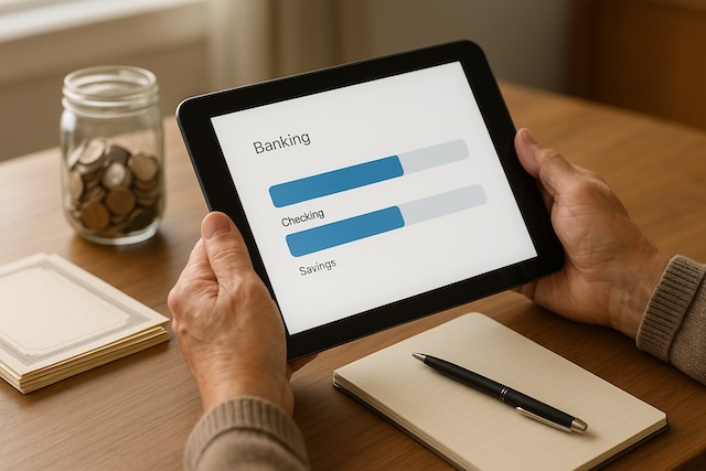 Close-up of a retiree checking a tablet with generic checking and savings balance bars next to a coin jar and notebook on a home office desk.