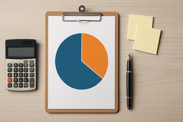 Overhead view of a printed pie chart with a large core slice and a smaller satellite slice to show how private equity complements a retiree’s main holdings.