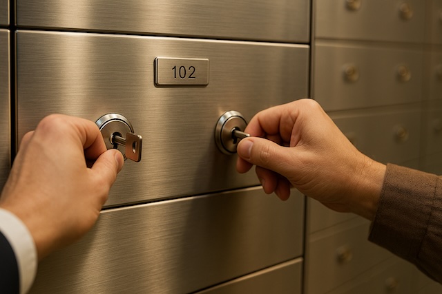 Close-up of a bank employee and customer turning two different keys at the same time to open a safe deposit box drawer.