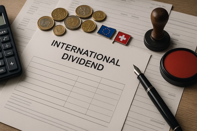 Overhead close-up of international dividend documents with calculator and foreign coins suggesting tax withholding.