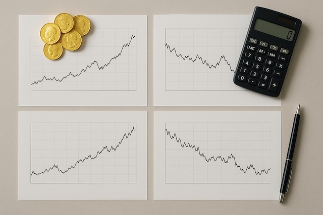 Overhead view of printed market charts with gold coins and a calculator on an analyst’s desk.