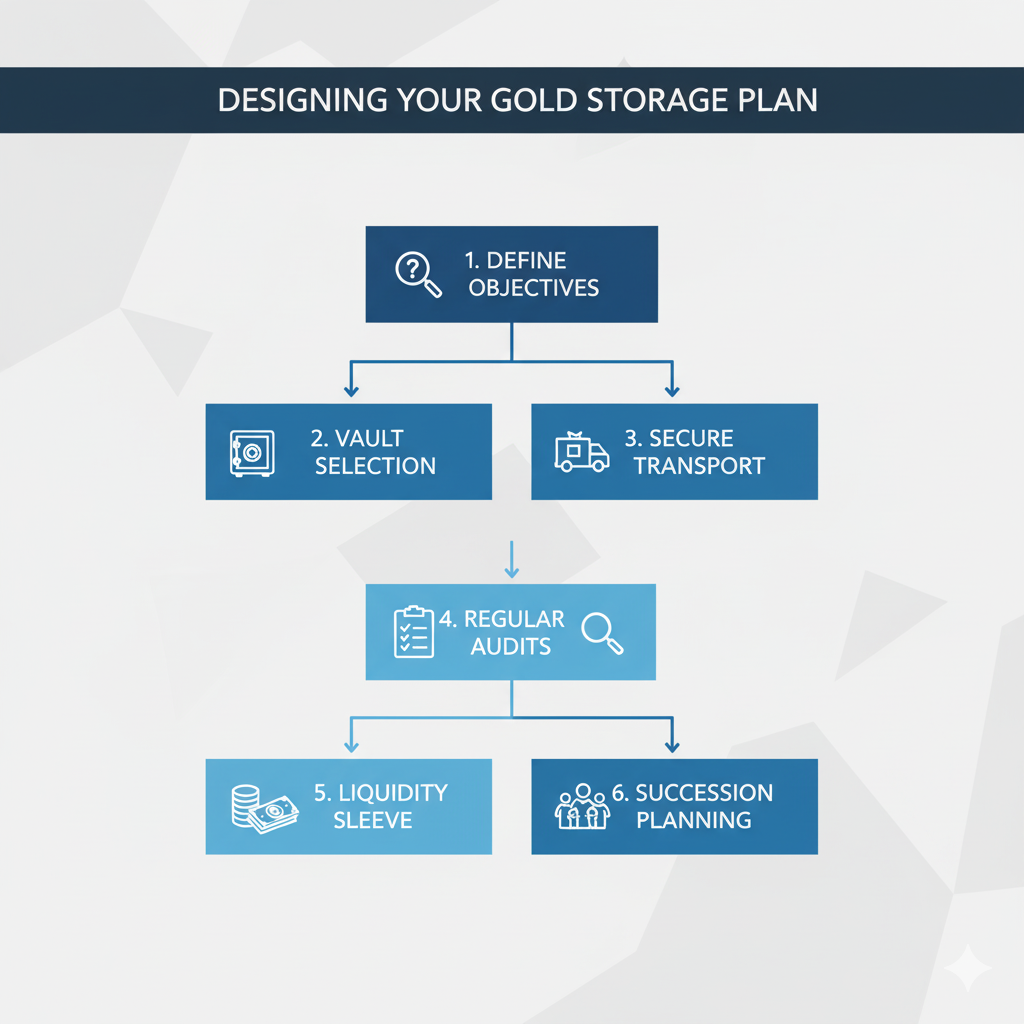 Flowchart of steps to design a gold storage plan, from defining objectives to succession planning.