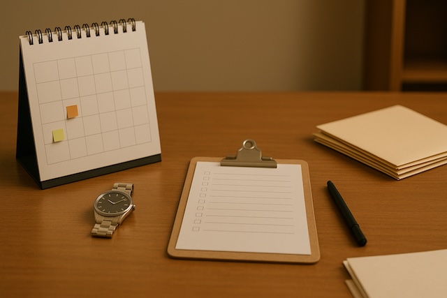 Desk scene with a calendar marked by colored dots and a clipboard checklist to emphasize the Sept. 30 beneficiary date and Dec. 31 separate-account deadline.