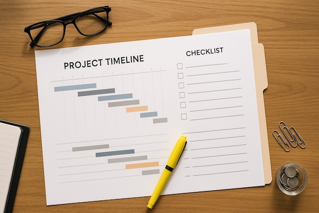 Top-down desk view of a generic timeline printout and checklist to illustrate the step-by-step process for setting up separate inherited IRAs.