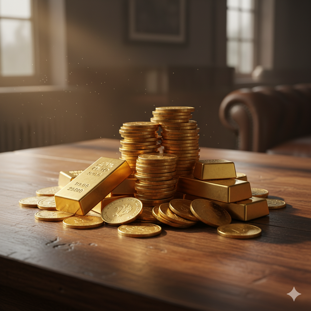 Stack of gold coins and bullion bars representing gold as a long-term legacy asset.