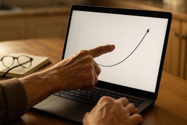 Close-up of a laptop showing an unlabeled line chart that dips early then rises, illustrating private equity’s J-curve concept.