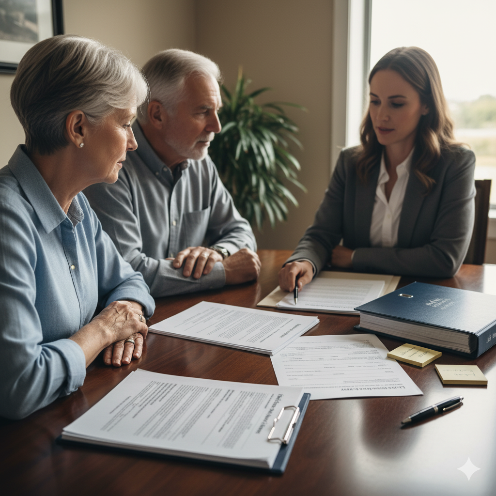 Financial advisor and retired couple review 401(k), IRA, beneficiary forms, and an insurance policy at a conference table.