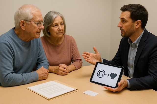Retiree couple discusses IRA charitable giving options with a nonprofit representative using a simple, text-free diagram on a tablet.
