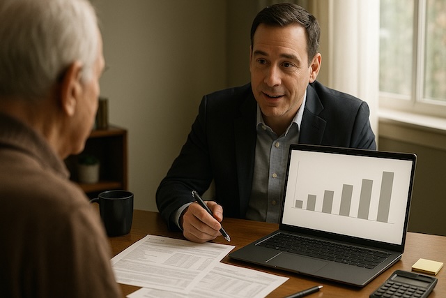 An advisor and retiree review a TIPS ladder on a laptop with printed bond documents and a calculator on the desk.