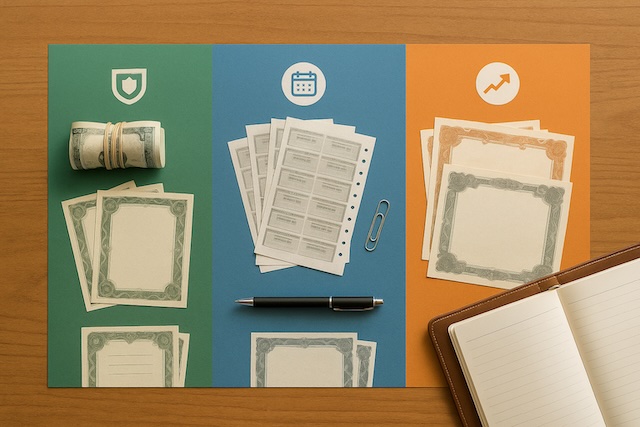 Top-down photo of a desk organized into three sections—cash and T-bills, bonds, and stock certificates—to visualize short-, mid-, and long-term buckets.