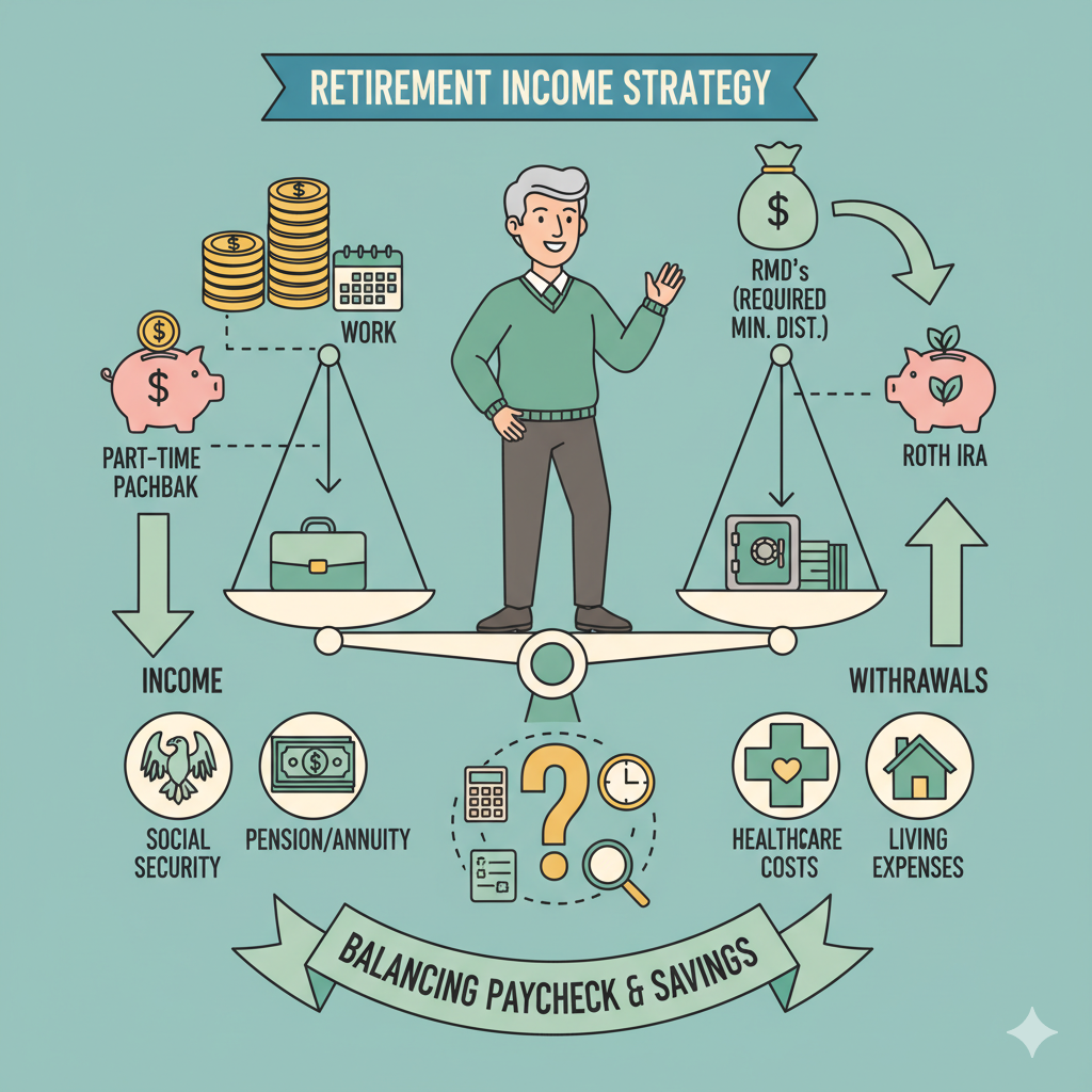 Infographic of a retiree balancing part-time work income with withdrawals from retirement accounts, showing Social Security, RMDs, Roth IRA, and healthcare icons.