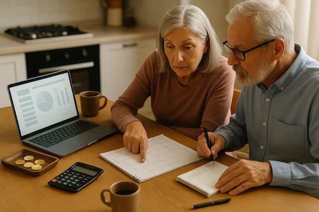 Retirees review IRA statements at a kitchen table with a laptop, calculator, and a small tray of gold coins and a bar while a calendar sits open nearby.