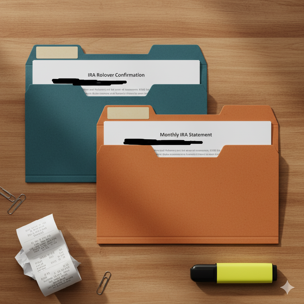Organized IRA paperwork showing separate folders for rollover funds and contributions with confirmations and monthly statements.