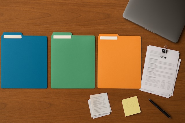 Top-down view of three color-coded folders with claim forms and account statements to illustrate splitting one IRA into separate inherited accounts.