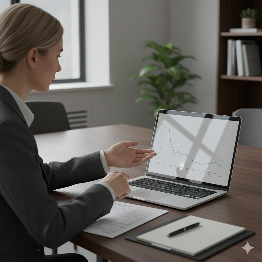 An advisor shows a retiree a laptop line chart that drops early and then recovers, illustrating sequence-of-returns risk.