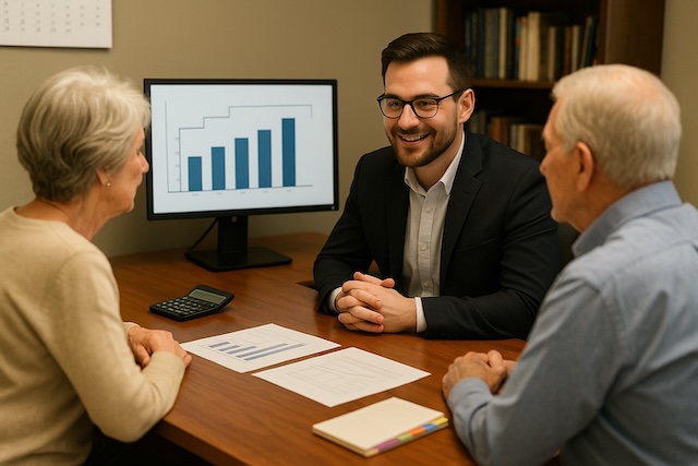 Financial planner reviewing retirement tax strategy with two clients at a desk, with charts and a calculator visible but no readable text.
