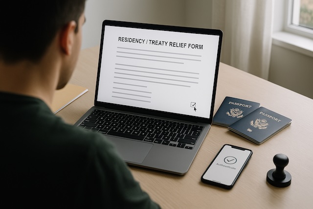 Person filing residency documents on a laptop to claim treaty withholding relief, with two passports on the desk.