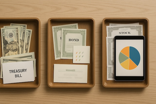 Overhead view of three trays representing cash, bonds, and equities to visualize a retirement three-bucket plan.